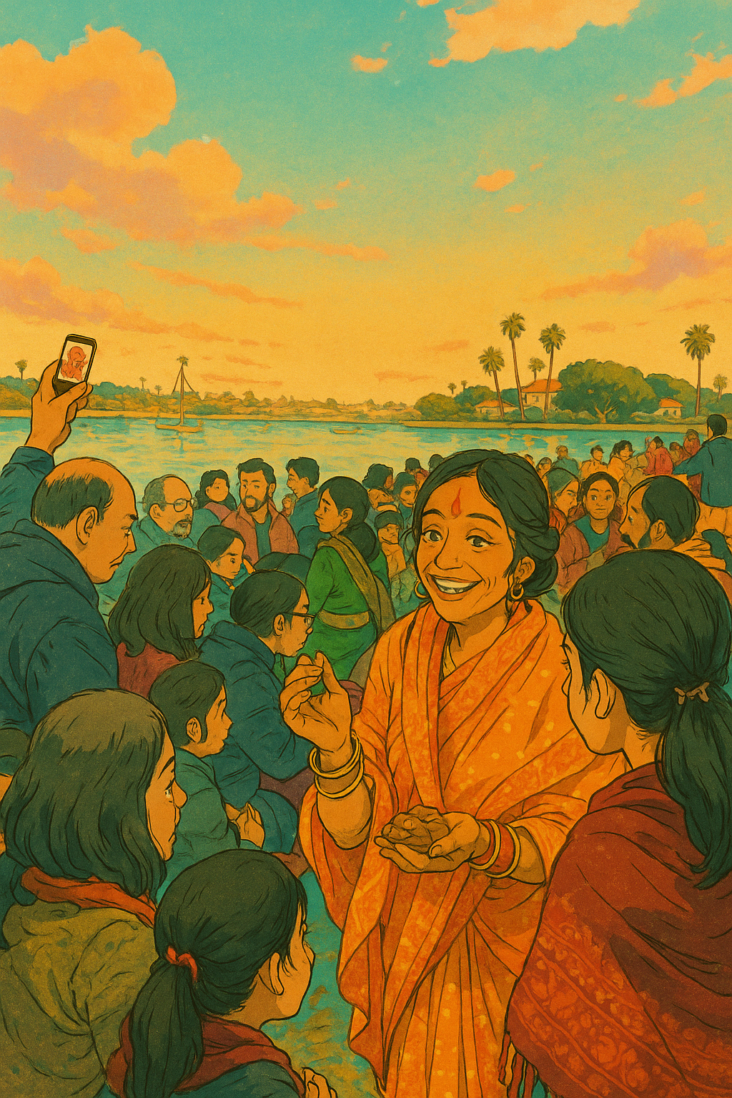 Newport Dunes के शांत तट पर BJ Bandhu द्वारा छठ पूजा का दृश्य